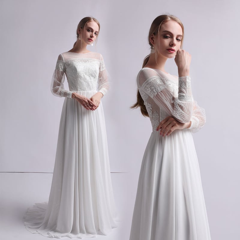 ボリューム袖 Vネック シフォン マーメイドドレス（W203） ボート