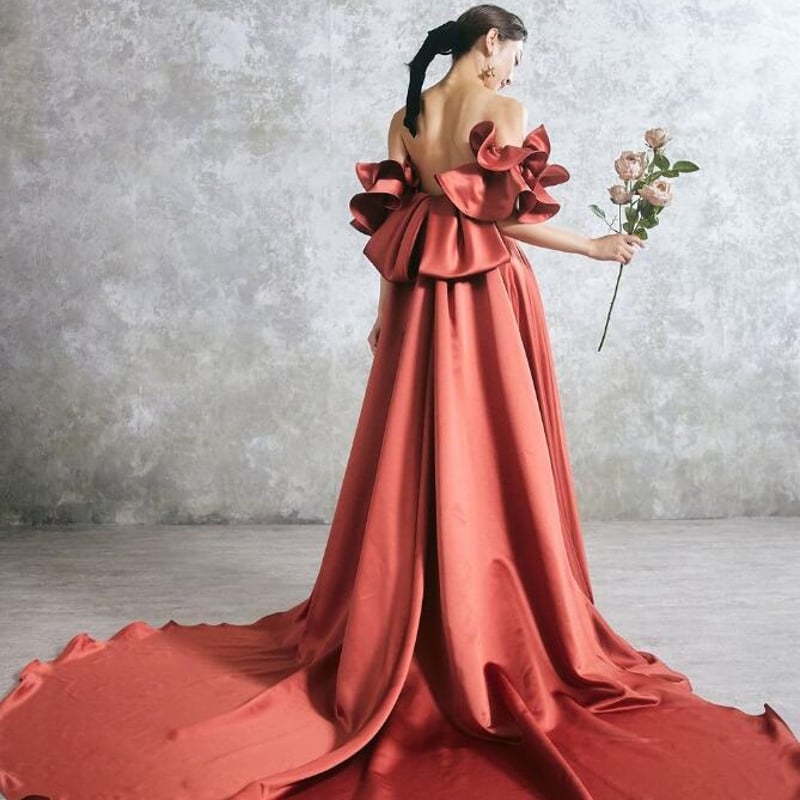 パーティードレス テラコッタ色 ふっくら柔らかなバックリボン フリル  