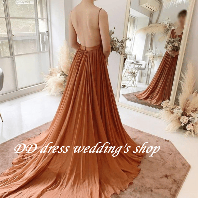 高品質！パーティードレス テラコッタ色 Vネックドレス背中見せ 前撮り  