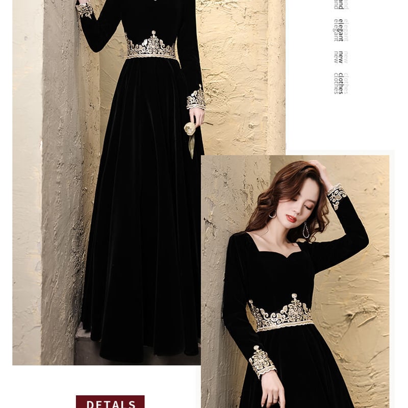 上品！ パーティードレス 黒 長袖 スレンダーライン 二次会 音楽会