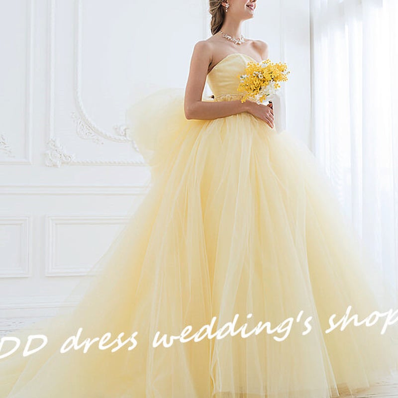 高品質！ ベアトップ カラードレス 薄イエロー プリンセスライン 2次会  