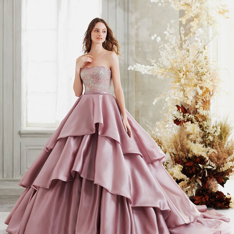 パーティードレス 花柄のモチーフ刺繍が美しく ピンク紫 ベアトップ  