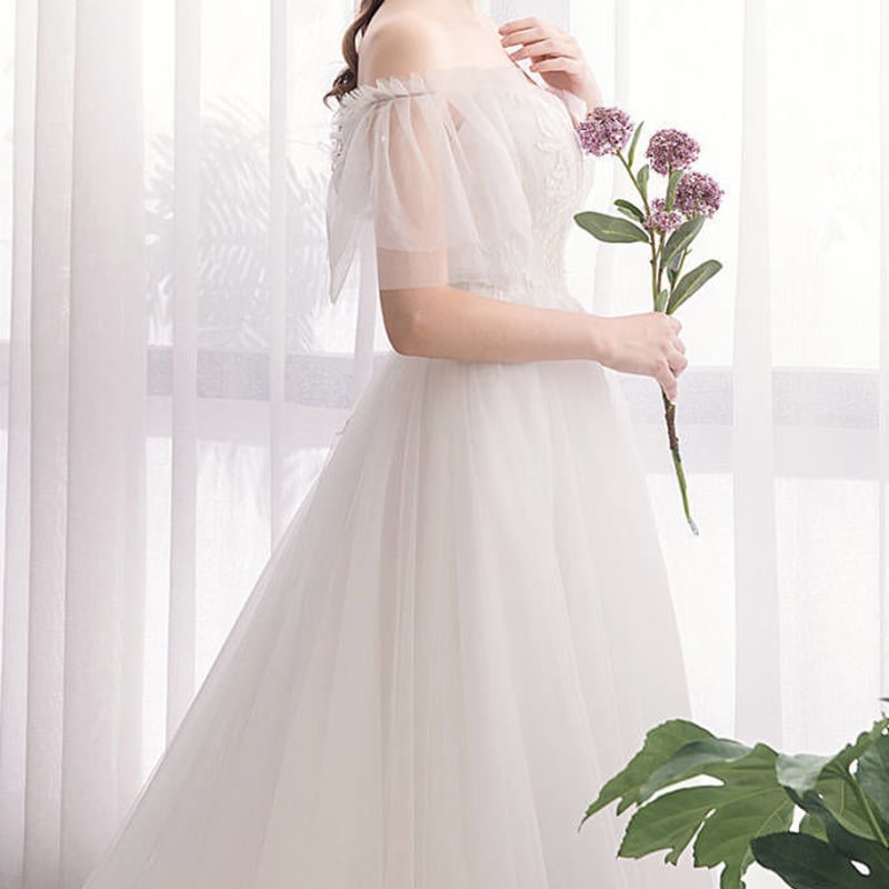 ウエディングドレス ホワイト 上質オーガンジー オフショル トレーン