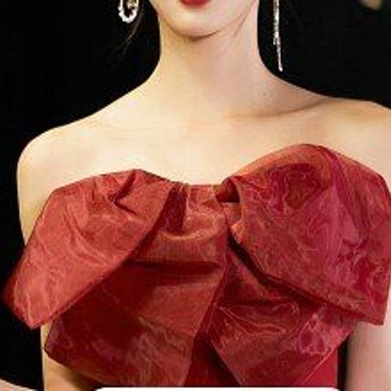 美品 パーティードレス ワインレッド ベアトップ 床付く 背中見せ 細  