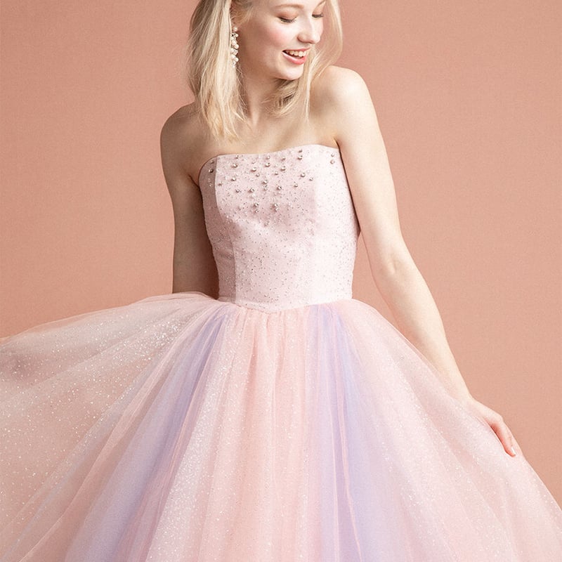 カラードレス 薄ピンク キラキラチュール ベルト 編み上げ 短トレーン  