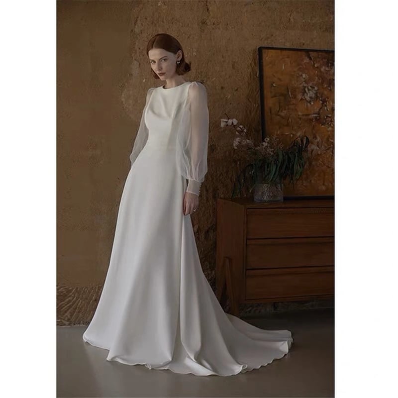 ロングスリーブウエディングドレス 袖シースルー | David1021k Dress  