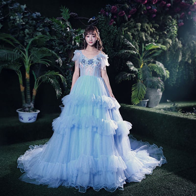 カラードレス 青/ブルー ソフトチュール プリンセスライン ロング