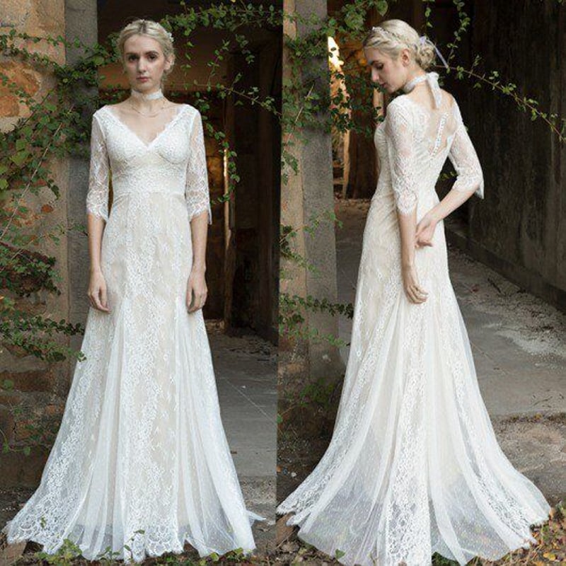 高品質！ホワイト Vネックドレス マーメイドライン 総レース  