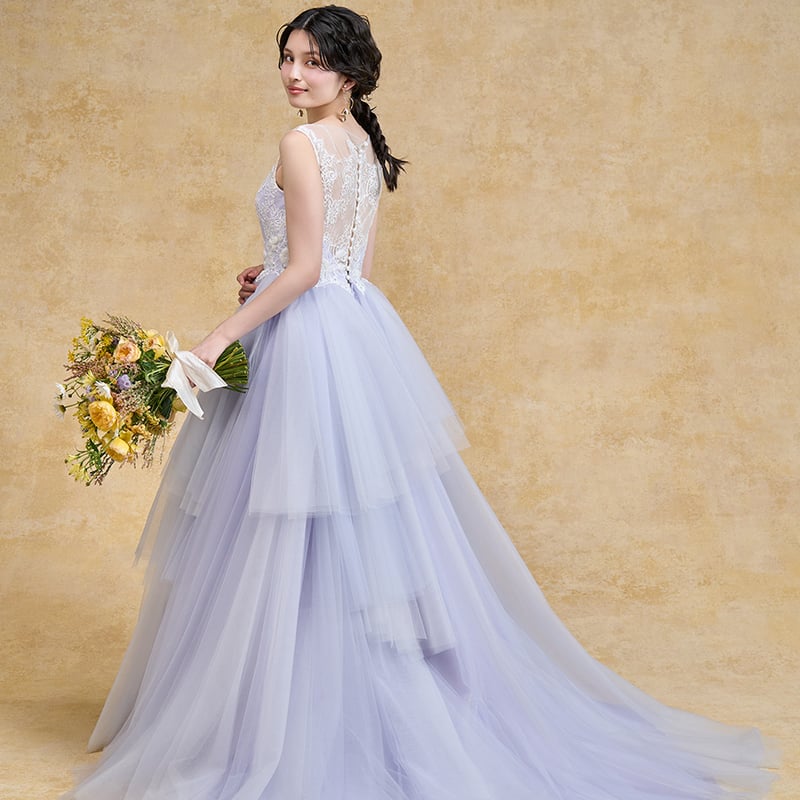 カラードレス パープル チュールスカートレース刺繍 フリルドレス  