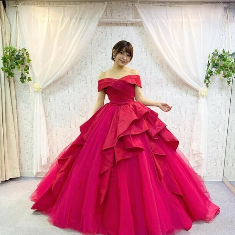 カラードレス ピンクソフィア オフショルダー ラッフルフリル チュール  