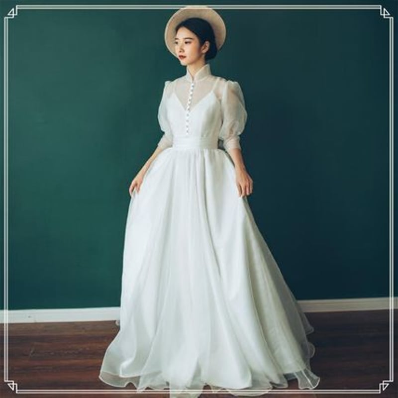 ヘップバーン風 クラシカル パフスリーブ ロングドレス