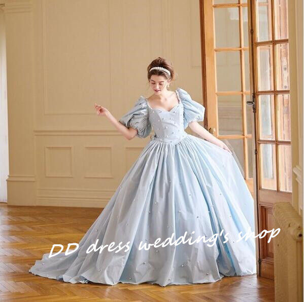 高品質！水色 クラシカル カラードレス パール 姫袖 プリンセスライン  