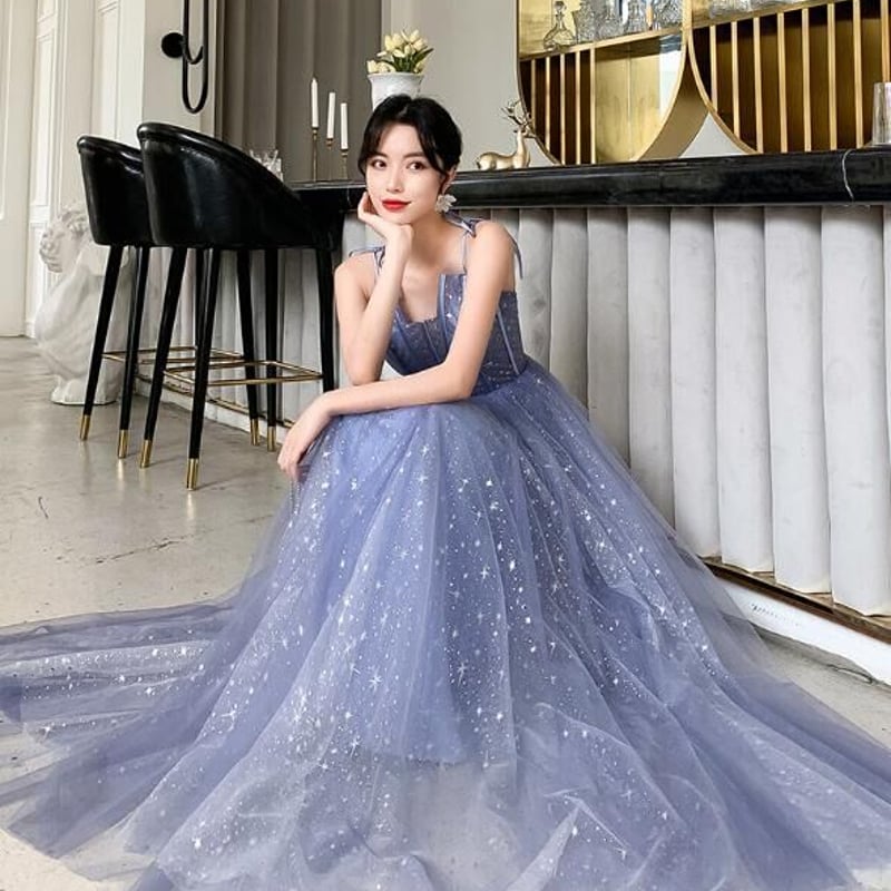 上品！パーティードレス 薄青 キャミソール 上質オーガンジー 2次会  