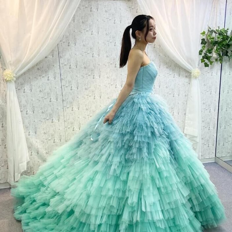 カラードレス グリーン グラデーションドレス 編み上げ 床付く ベア  