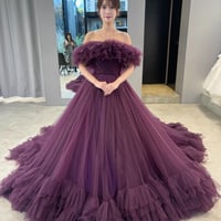 カラードレス パープル 取り外し可能なオフショルダー ボリュームドレス 華やかなトレーン スリット 花嫁 前撮り
