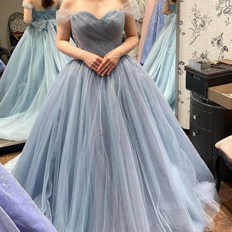 カラードレス 爽やかで優しいブルー オフショルダー リボン 二次会  
