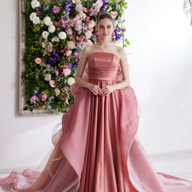 カラードレス ピンク 立体ドレープ 光沢サテン 上質オーガンジー