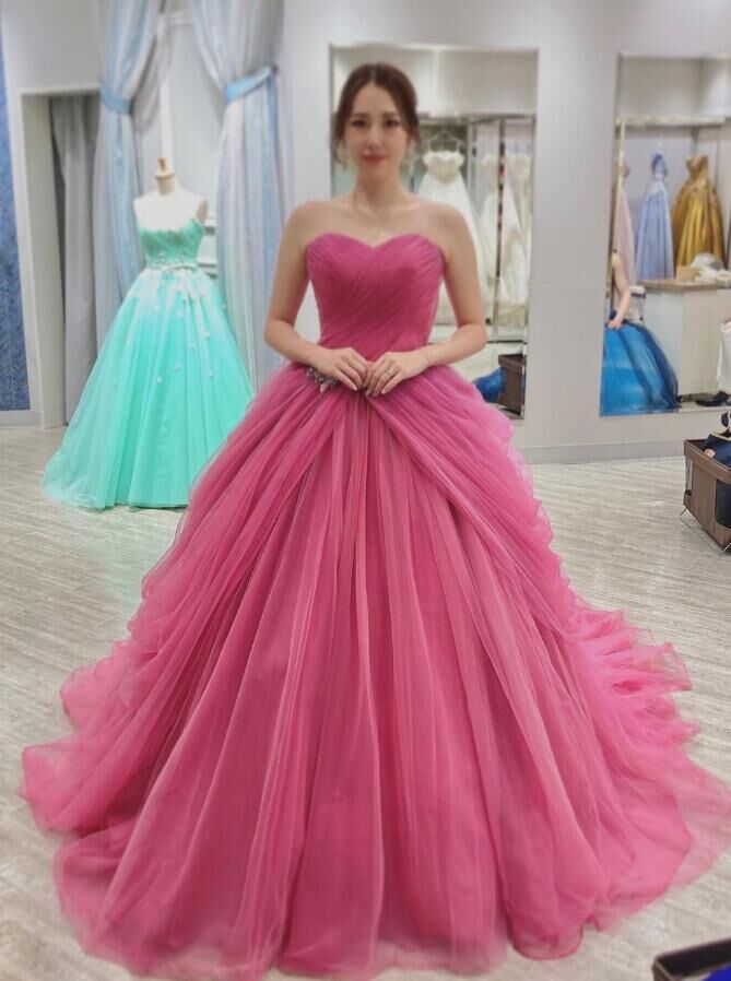 カラードレス ピンク ベアトップ 繊細レース バックリボン 編み上げ  