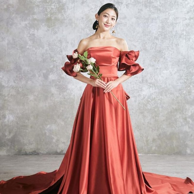 パーティードレス テラコッタ色 ふっくら柔らかなバックリボン フリル  