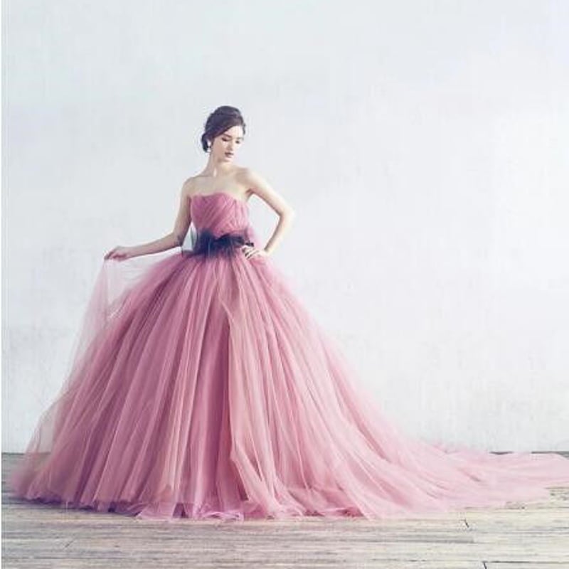 高品質！ピンク カラードレス ベアトップ プリンセスライン エレガント  