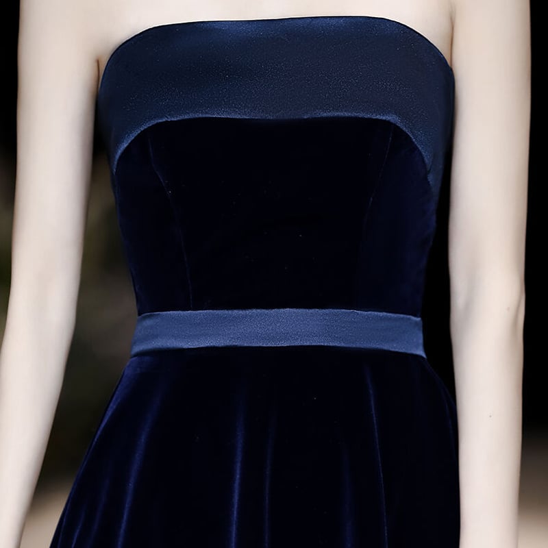 高品質！ パーティードレス ネイビー ベアトップ 高級ベロア ロング