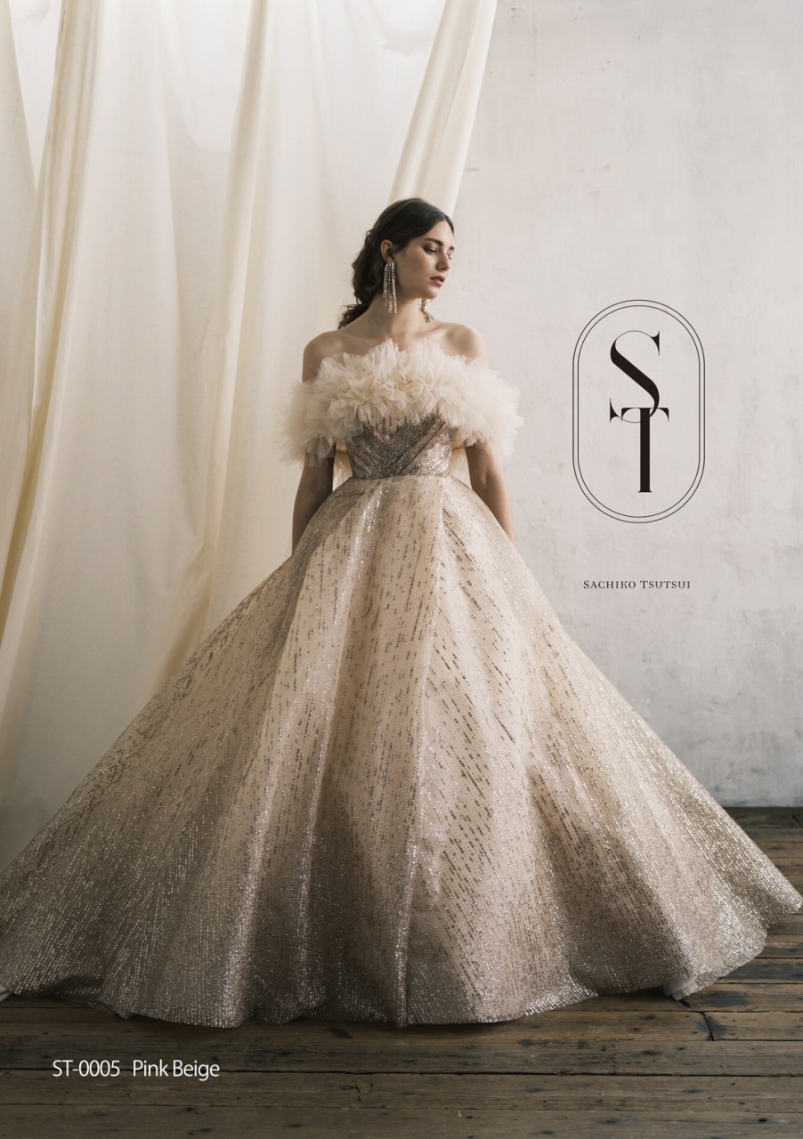 カラードレス カーキ色 オフショルダー キラキラチュール クラシカル  