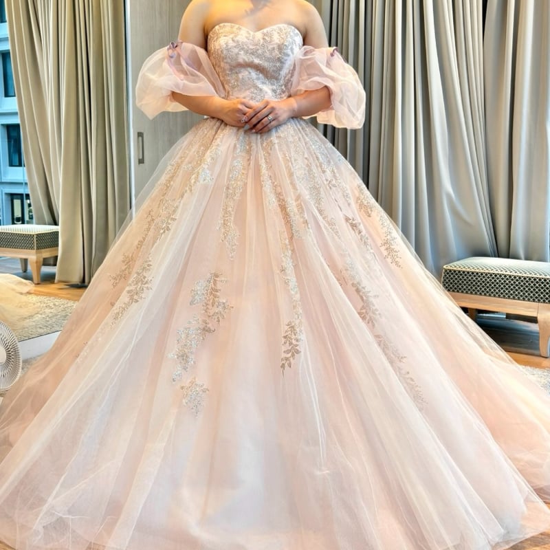 カラードレス 薄桃色 編み上げ フレア袖 キラキラ光る刺繍 ソフト