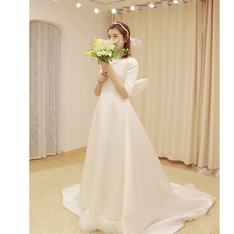 フランス風 半袖ウエディングドレス 前撮り オフホワイト 光沢