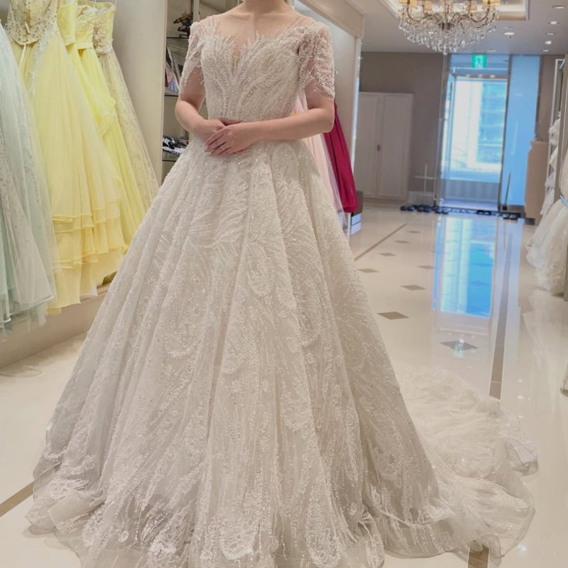 ウエディングドレス オフホワイト 韓国風ドレス 短袖 シークイン