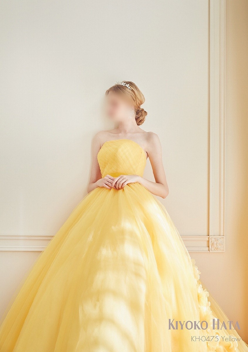 カラードレス イエロー 取り外しオフショルダー 華やかなトレーン バラ