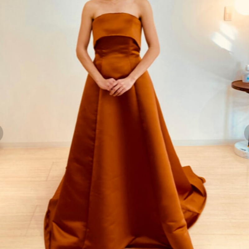 クラシカル カラードレス テラコッタ色 色直し 光沢サテン ベアトップ  