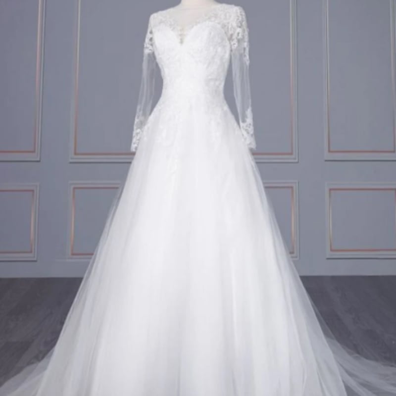 ウエディングドレス ホワイト ソフトチュール レース ミニトレーン/短  