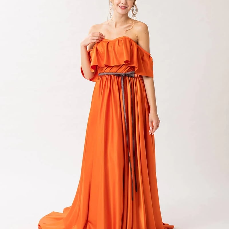 人気上昇！ カラードレス オレンジ オフショルダー サッシュベルト 前  
