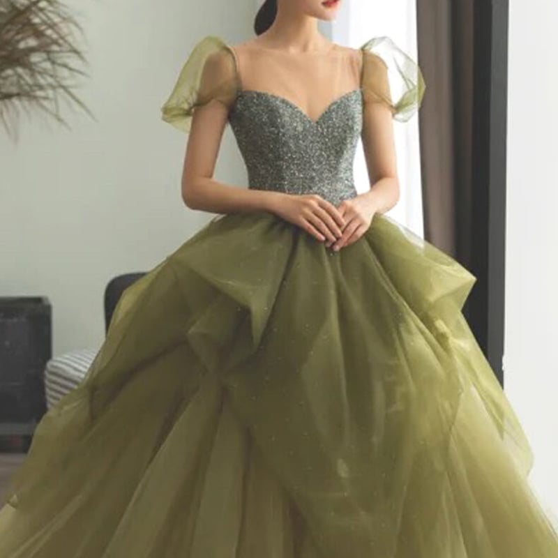 高品質！パーティードレス 緑 ソフトチュール ボートネック  