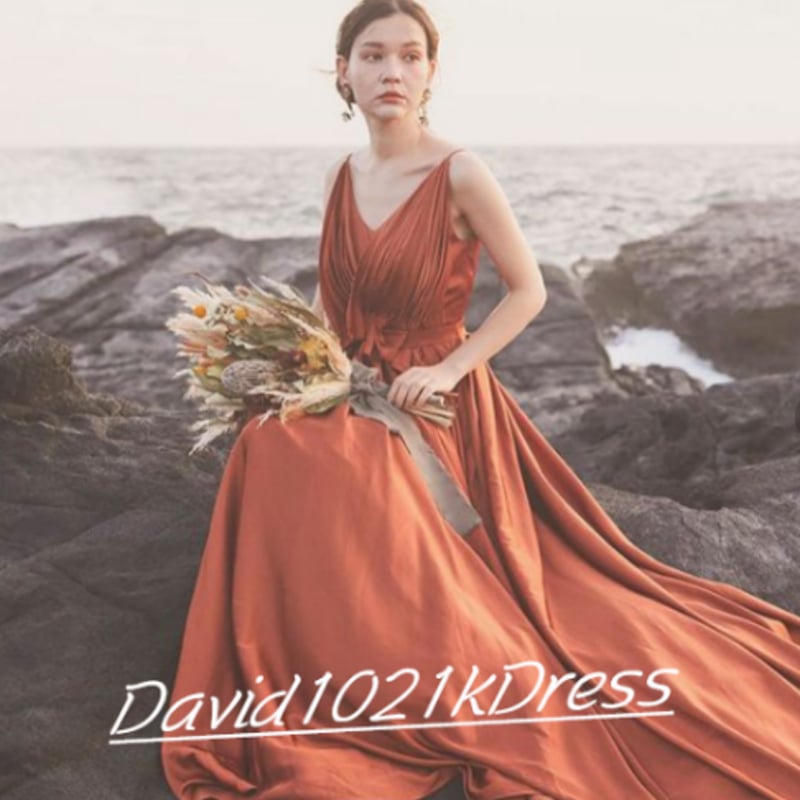 高品質！ パーティードレス テラコッタ色 背中見せ Vネック 人気