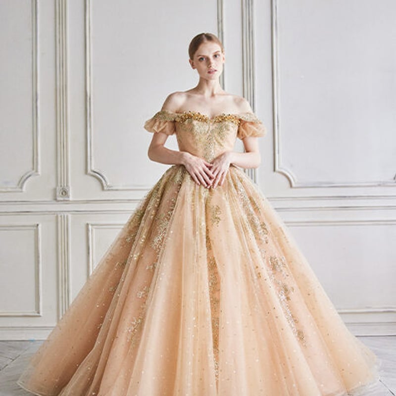 カラードレス オレンジ キラキラグリッターチュール 取り外しオフ  