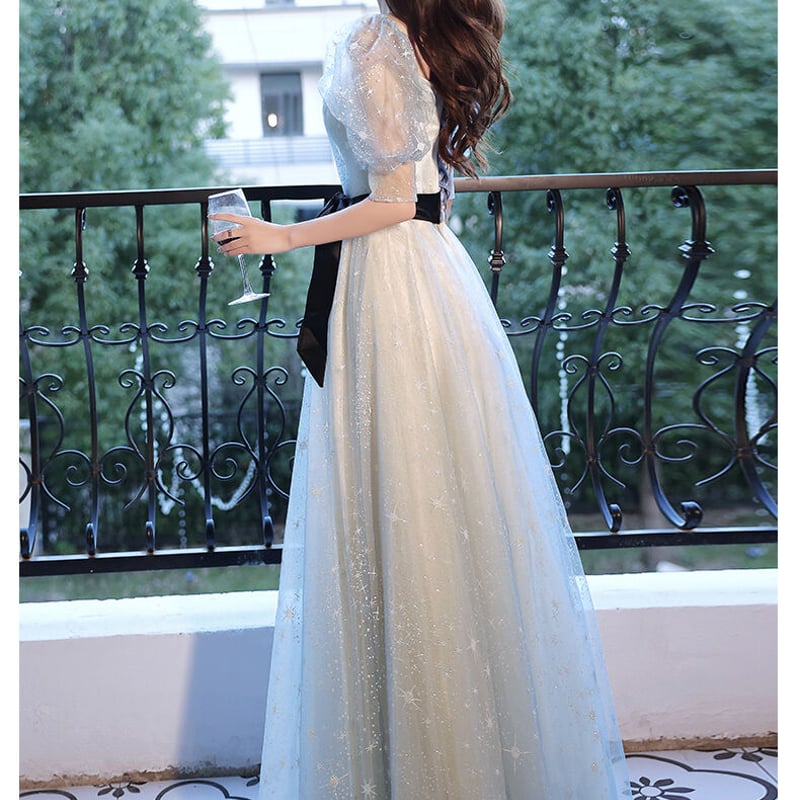 大人気上昇 薄青 パーティードレスプリンセスライン 大人気上昇 薄青 パーティードレスプリンセスライン