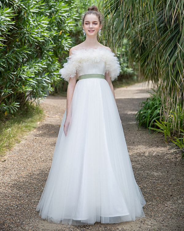 エレガント ウェディングドレス 取り外しオフショルダー チュール  