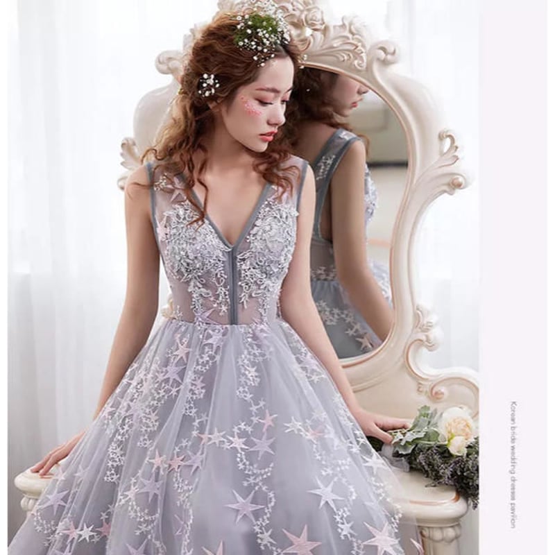 星ウエディングドレス グレーカラードレス トレーン ドレス
