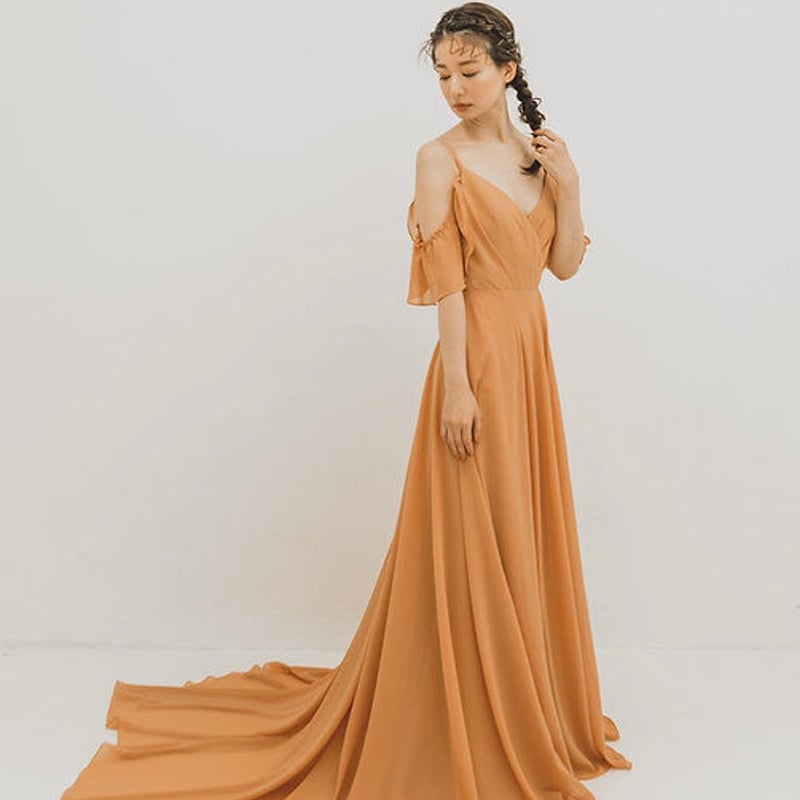 パーティードレス ふんわりシフォン オレンジ キャミソール ファスナー  