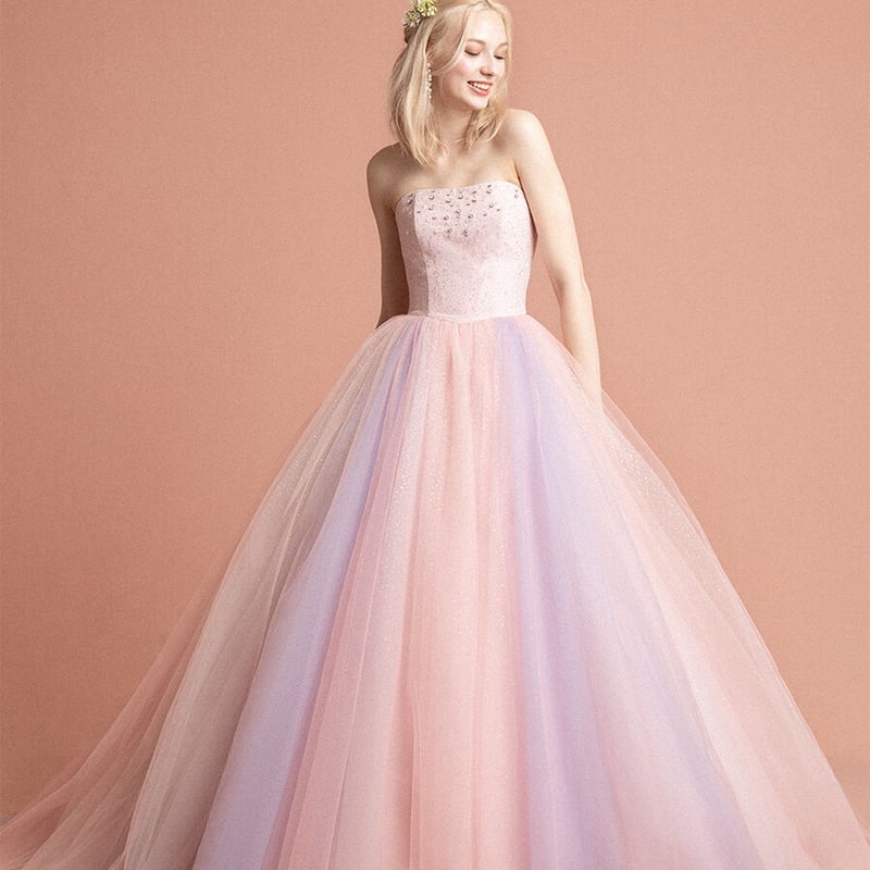 カラードレス ピンク ベアトップ ビジュードレス ベルト