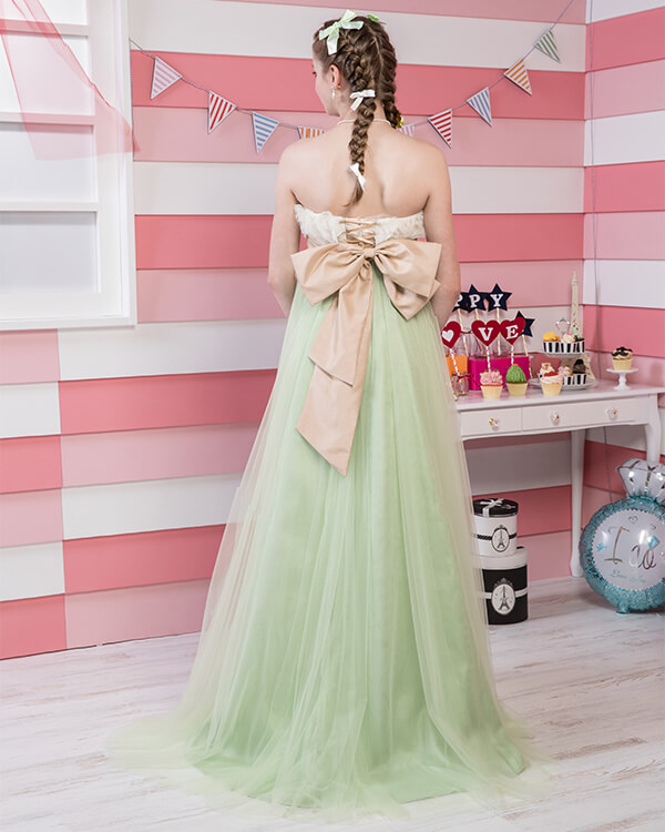 可愛い カラードレス グリーン バックリボン チュールスカート  