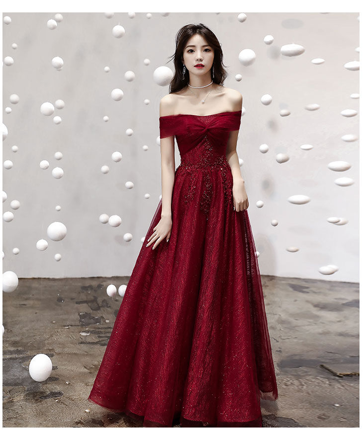 大人気上昇パーティードレス ワインレッド オフショル 優雅な  