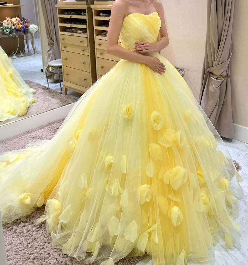 カラードレス パステルイエロー ベアトップ ソフトチュール