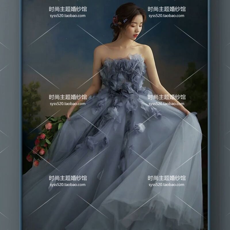 美品！カラードレス ブルーグレー ベアトップ ソフトチュール 花  