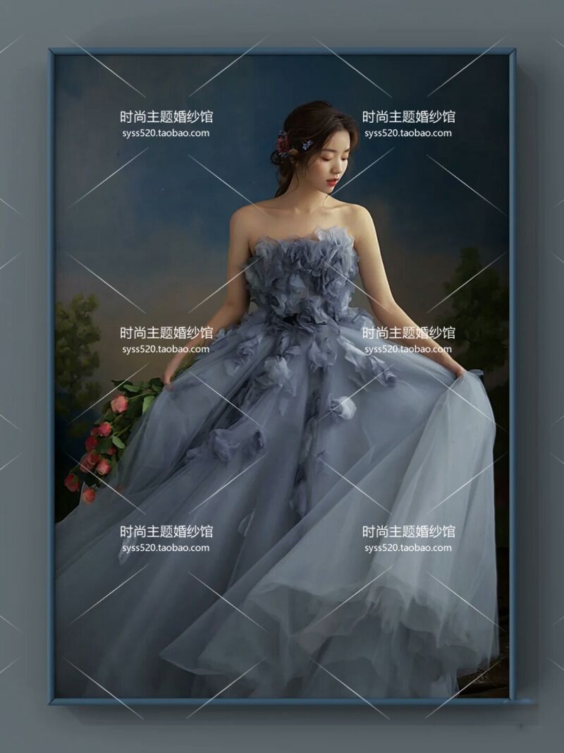 憧れのドレス 可愛い ブルーグレー カラードレス ソフトチュール 背中見せ 前撮