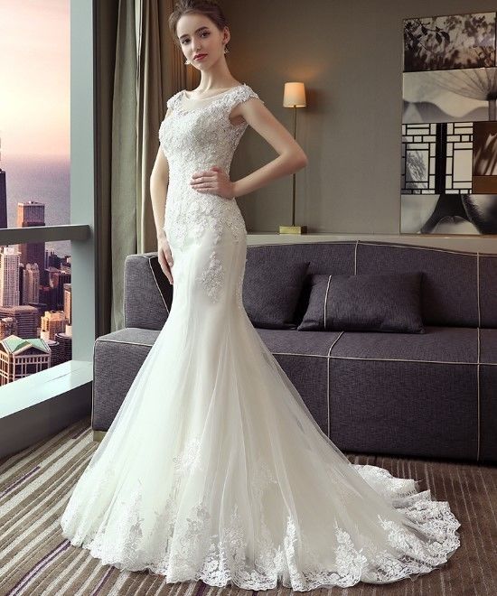 ウエディングドレス ホワイト 上品レース マーメイドライン タンク  