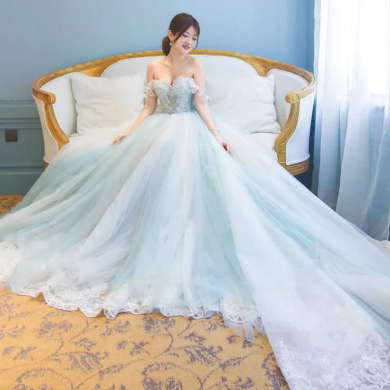 カラードレス ライトブルー 上質オーガンジー カラーストーン ベア  