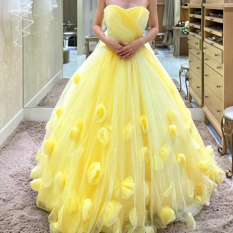 カラードレス パステルイエロー ベアトップ ソフトチュール 編み上げ サ