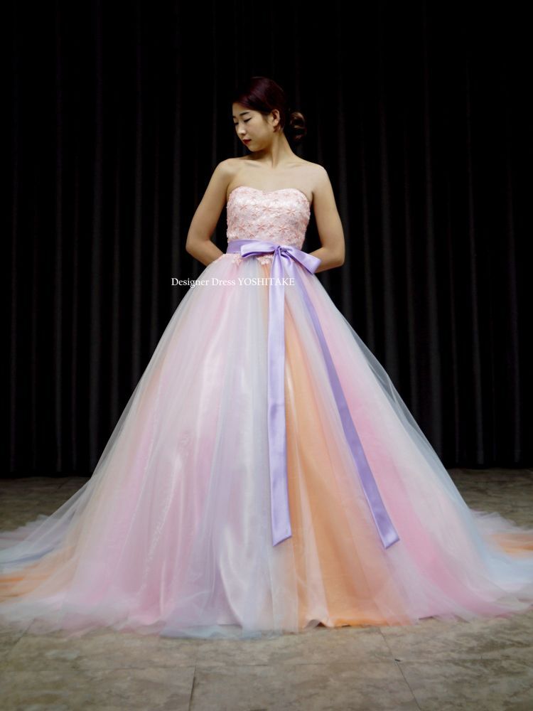贅沢な小花総レース カラードレス 薄ピンク ソフトチュール ベアトップ  